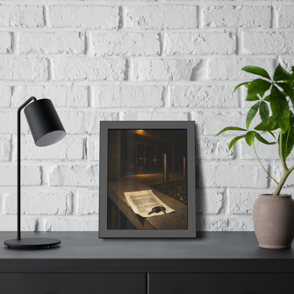 A printed page and car keys on a concrete ledge outside an office at night. The Last Email, Printed by Garabaggio, framed fine art print hanging in a room.