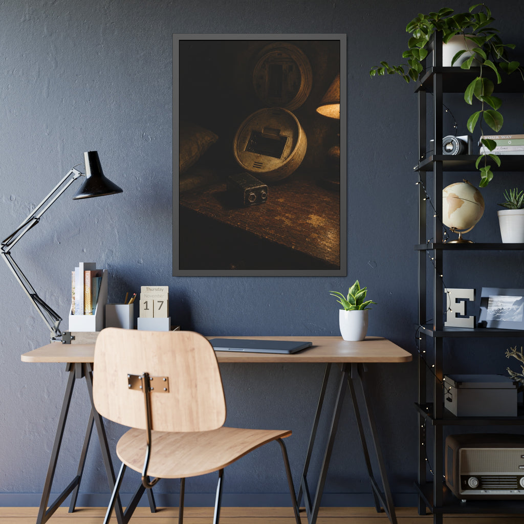An open smoke detector on a wooden table beside a removed nine volt battery. The Silence After Removal by Garabaggio, framed fine art print hanging in a room.