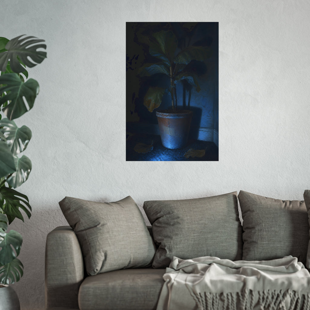 A dying potted plant in a corner washed in blue television light. The Television Hours by Garabaggio, fine art print hanging in a room.
