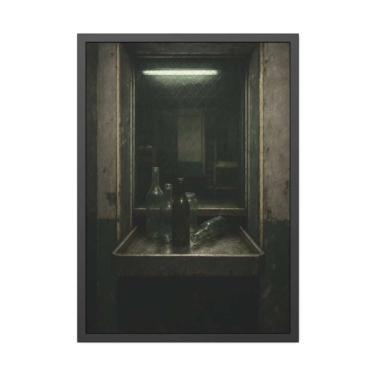 Empty glass bottles on a metal tray at a service window under a fluorescent tube. The Counting Window by Garabaggio, framed fine art print, 28″ x 40″.
