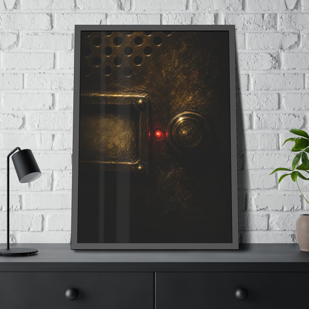 Close on an intercom nameplate and button with a small red light. The First Buzz at Dusk by Garabaggio, framed fine art print hanging in a room.