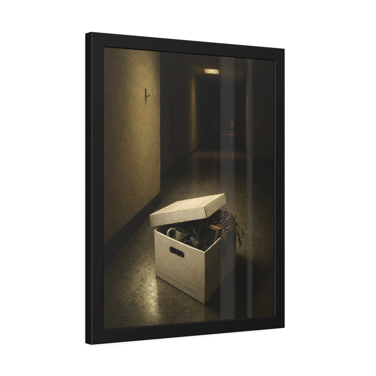 An open box of desk items on the floor of a dim office hallway. The Box of Personal Effects by Garabaggio, framed fine art print hanging in a room.
