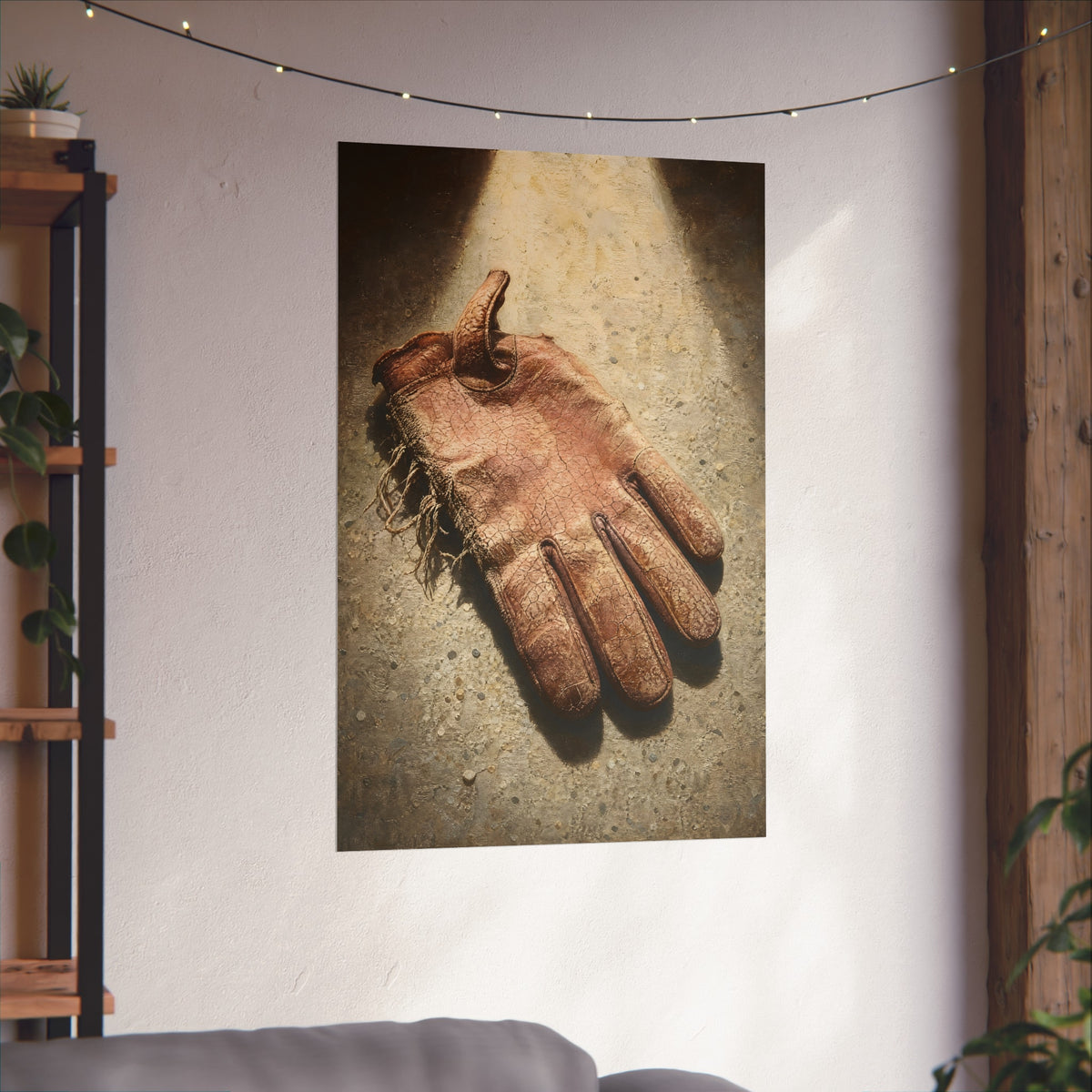 A cracked leather work glove lying on bright sunlit concrete. The Bleaching, Study of a Sun-Tired Glove by Garabaggio, fine art print hanging in a room.