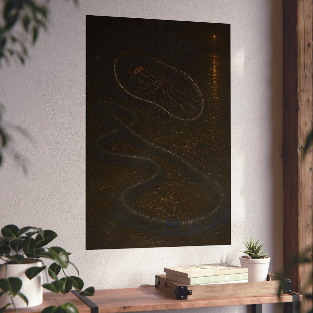 A bent bicycle wheel and uncoiled inner tube on wet asphalt at night. The Tube Uncoiled by Garabaggio, fine art print hanging in a room.