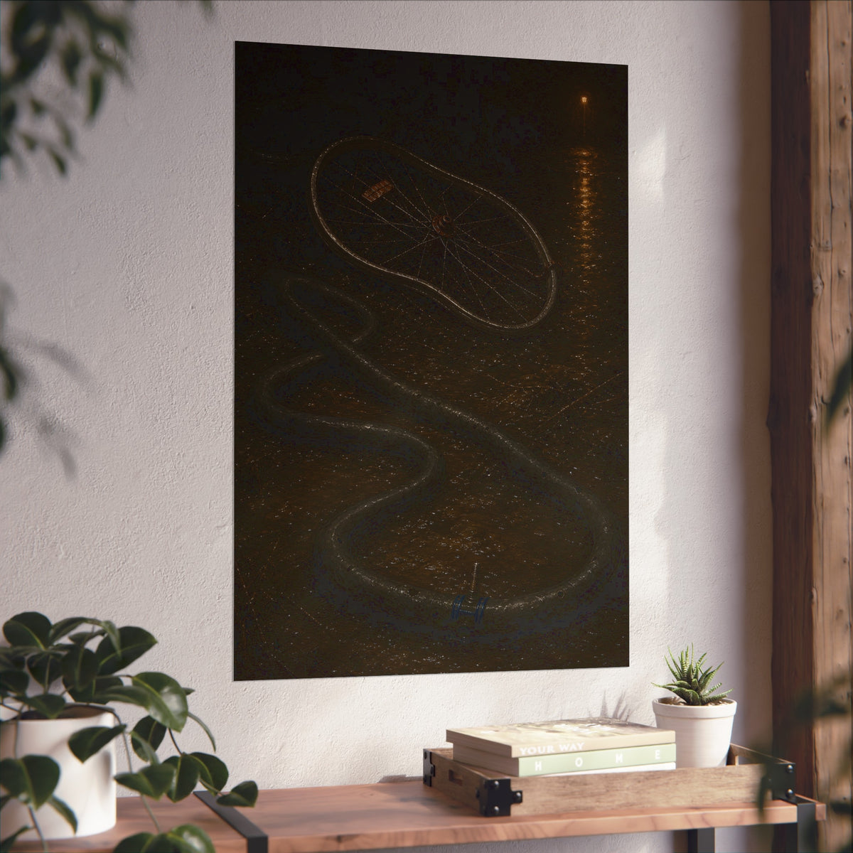 A bent bicycle wheel and uncoiled inner tube on wet asphalt at night. The Tube Uncoiled by Garabaggio, fine art print hanging in a room.
