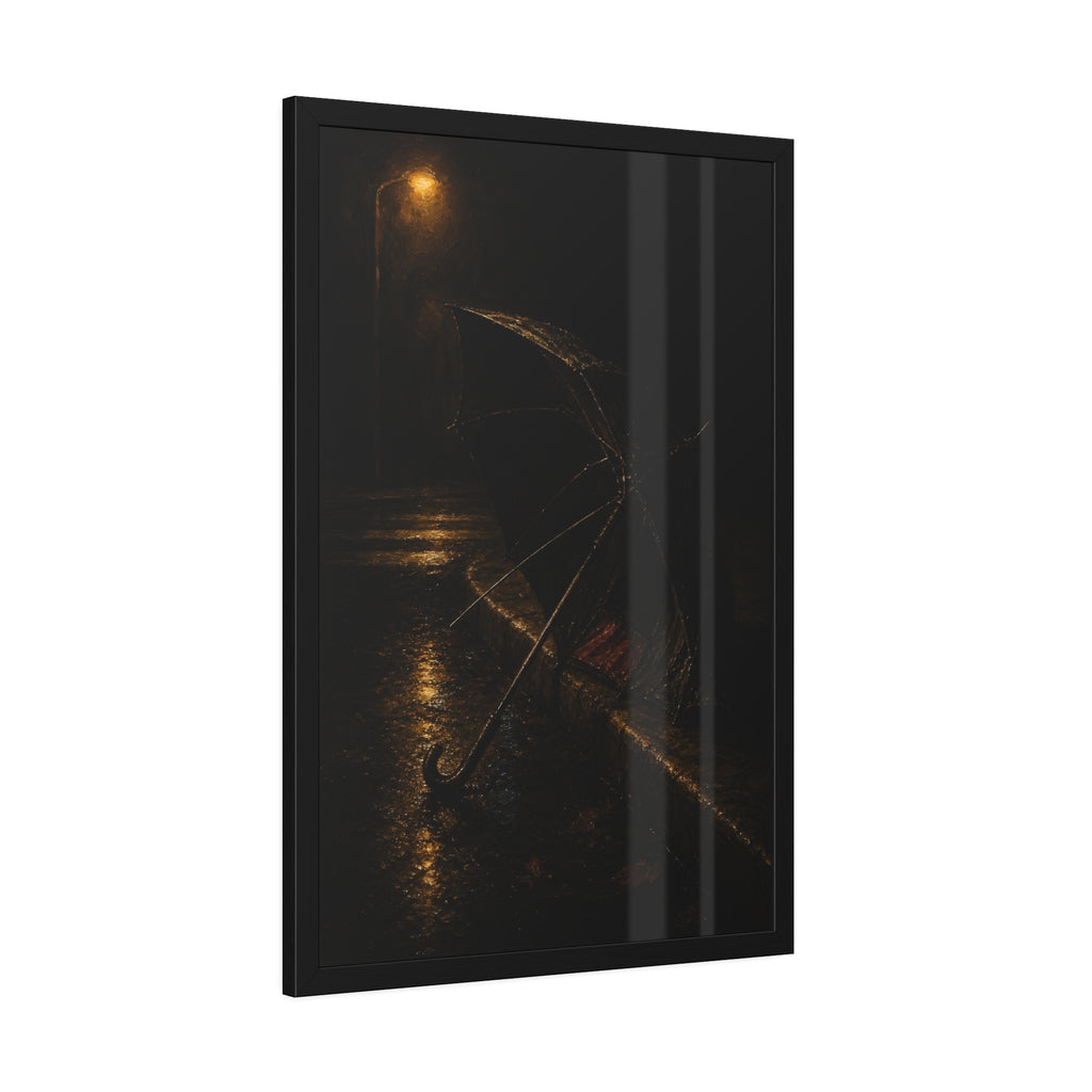 An open umbrella with bent ribs on a wet curb under a street lamp. The Presentation at the Crosswalk by Garabaggio, framed fine art print hanging in a room.