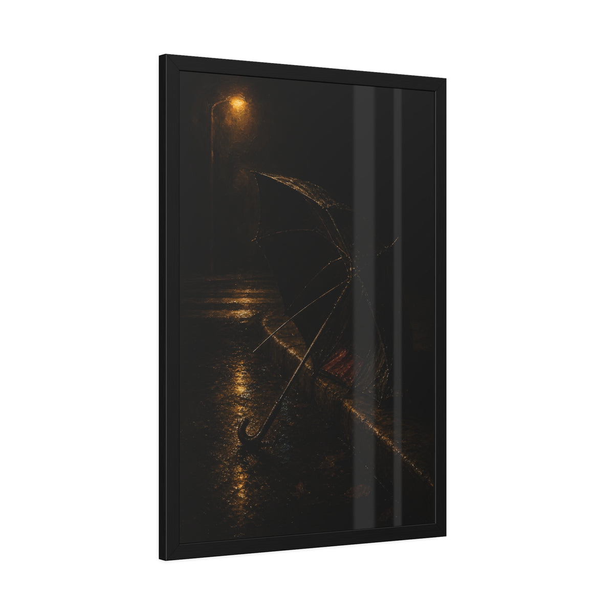 An open umbrella with bent ribs on a wet curb under a street lamp. The Presentation at the Crosswalk by Garabaggio, framed fine art print hanging in a room.