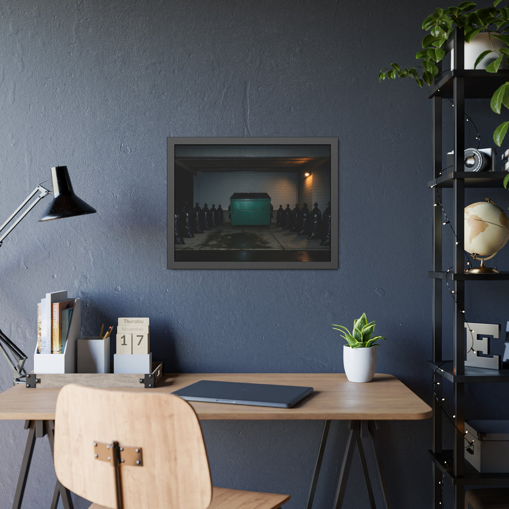 A green dumpster flanked by rows of black garbage bags under a lamp. Night Watch of the Loading Dock by Garabaggio, framed fine art print hanging in a room.