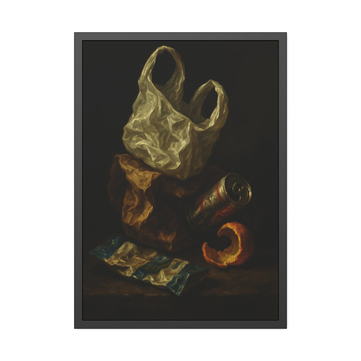 A plastic bag, crushed can and orange peel on a dim table. Still Life with Orange Peel and Resignation by Garabaggio, framed fine art print hanging in a room.