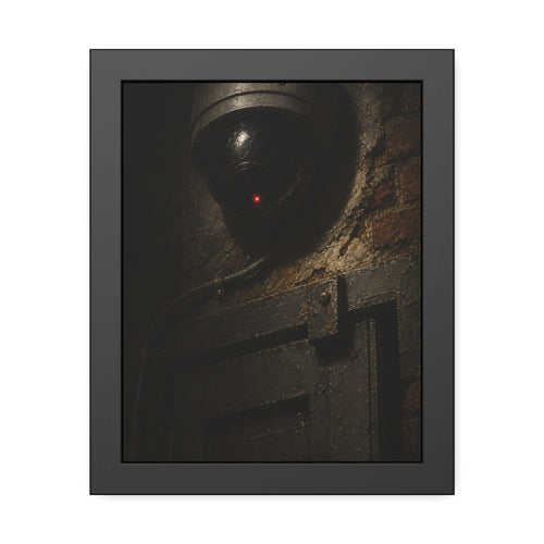 A dome security camera with a red light above a metal door. Installation Above the Door by Garabaggio, framed fine art print, 11″ x 14″.