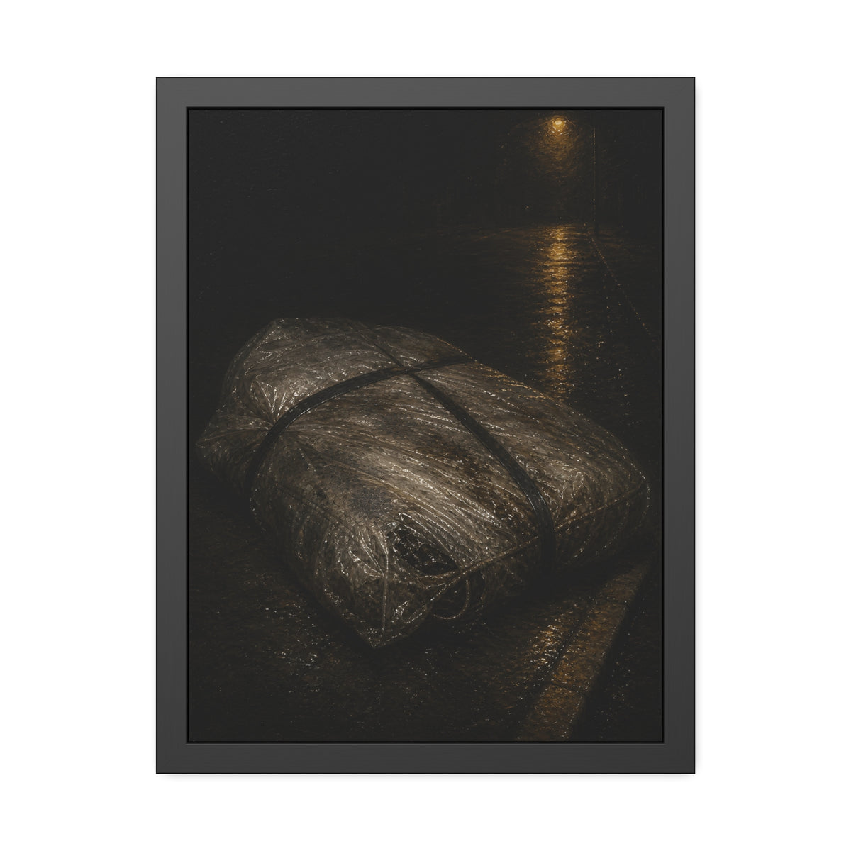 A mattress wrapped in plastic and strapped shut on a wet night street. The Municipal Shroud by Garabaggio, framed fine art print, 18″ x 24″.