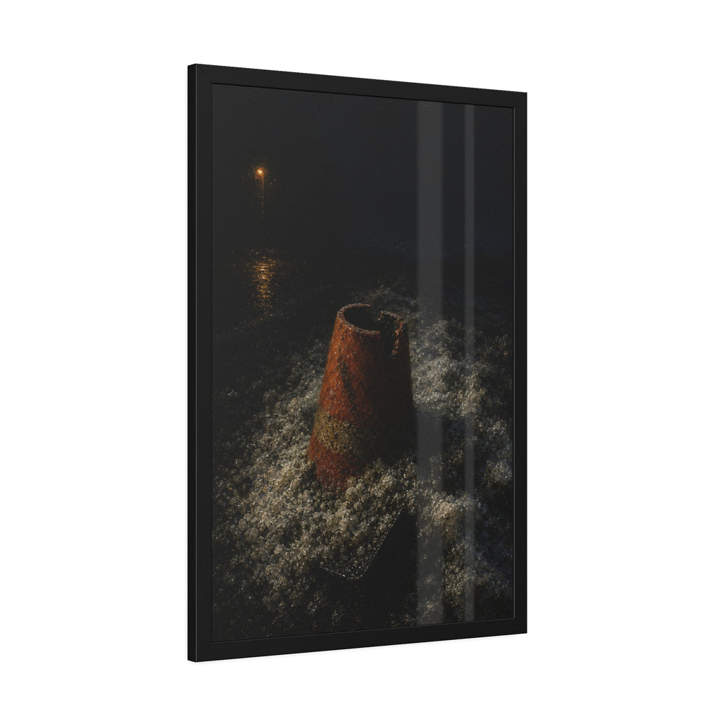 An orange traffic cone half buried in road salt under a distant streetlight. The Burial in Road Salt by Garabaggio, framed fine art print hanging in a room.