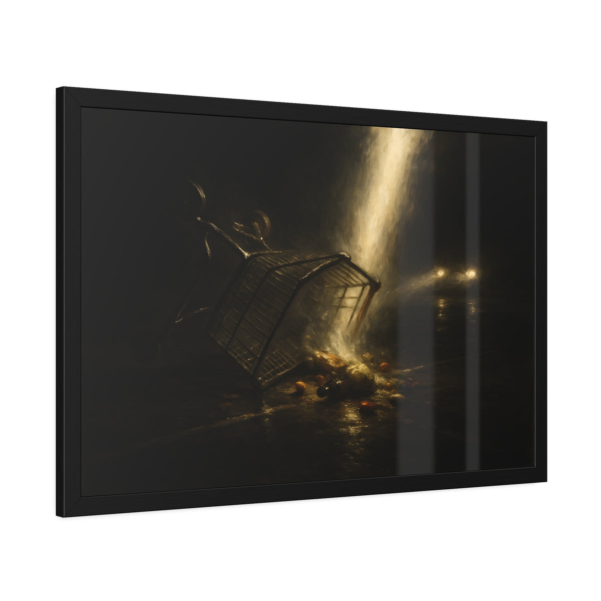 A tipped shopping cart spilling groceries in a shaft of light. The Conversion of the Shopping Cart by Garabaggio, framed fine art print hanging in a room.
