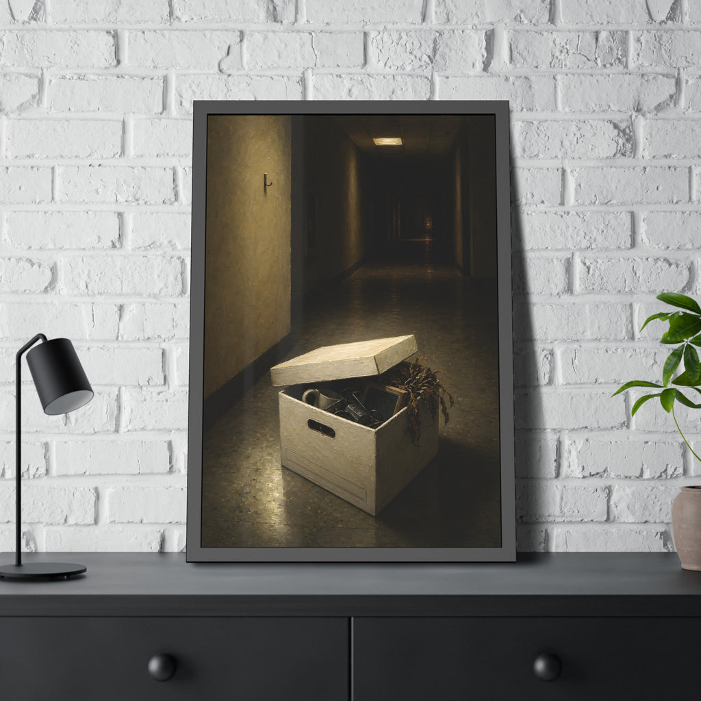 An open box of desk items on the floor of a dim office hallway. The Box of Personal Effects by Garabaggio, framed fine art print hanging in a room.