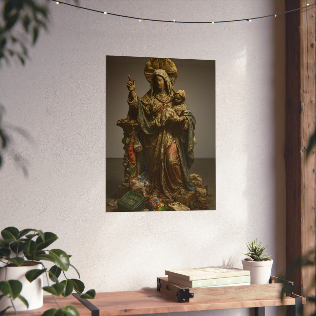 A standing veiled figure holding a child, refuse piled around the base. The Virgin of the Landfill by Garabaggio, fine art print hanging in a room.
