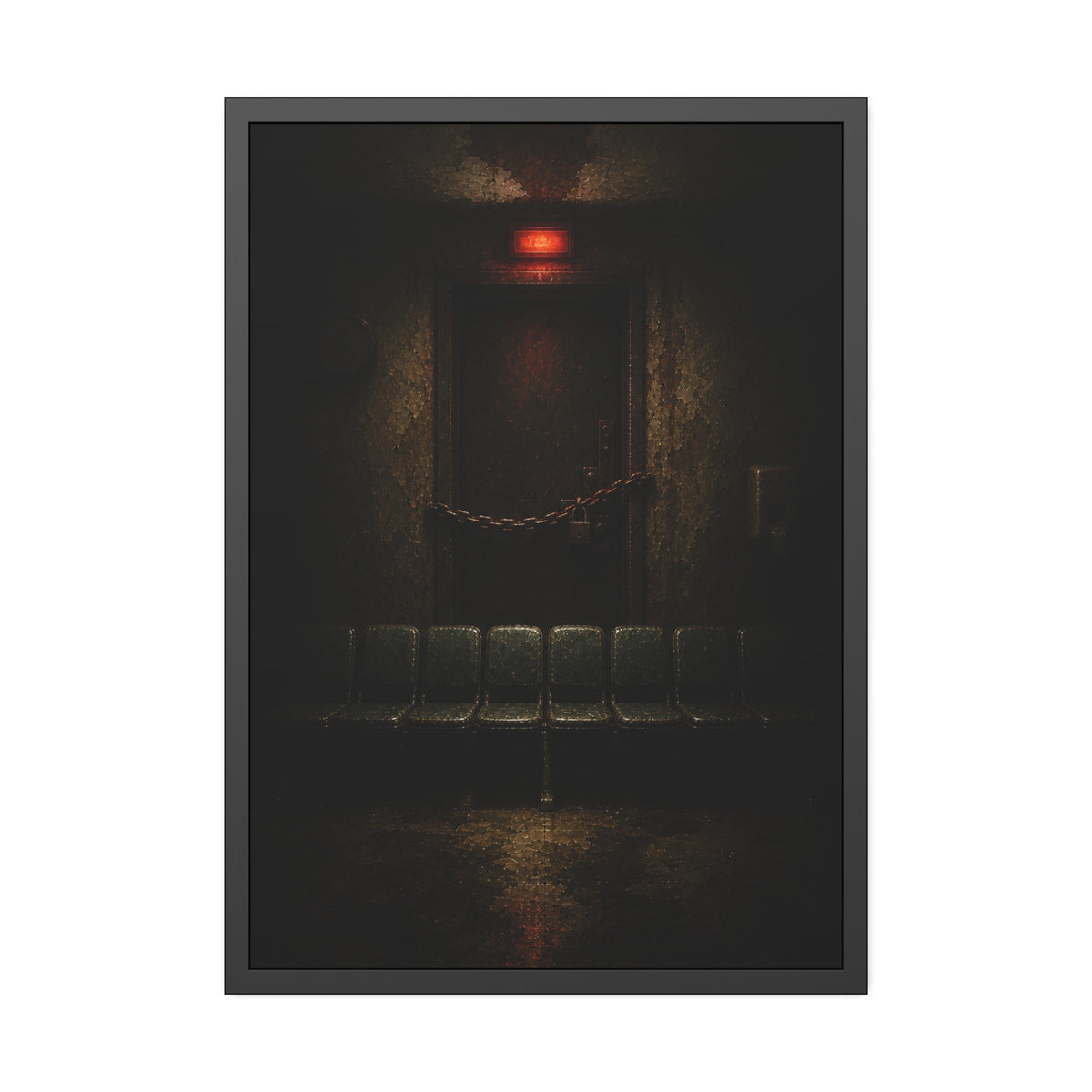 Chained waiting room door under a red exit light, empty seats below. After Closing by Garabaggio, framed fine art print, 28″ x 40″.