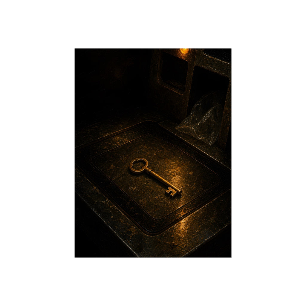 A brass key on the metal bagging shelf of a checkout. The Unexpected Item in the Bagging Area by Garabaggio, fine art print, 12″ x 16″.