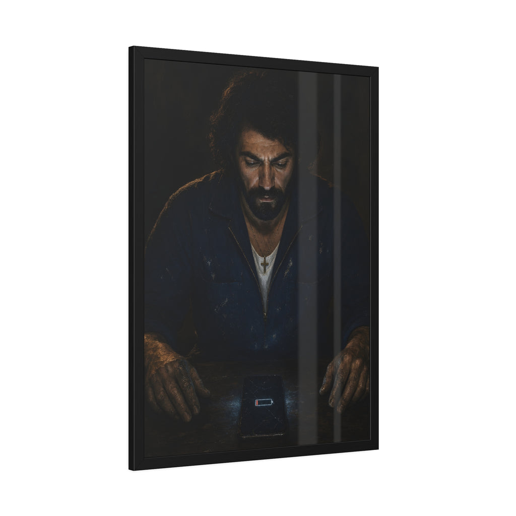 A man in a work jacket looks down at a phone showing a red low battery icon. The Calling at One Percent by Garabaggio, framed fine art print hanging in a room.