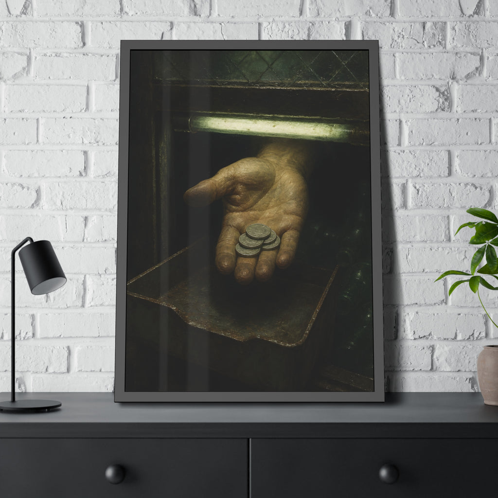 An open palm holding coins over a metal tray under a fluorescent tube. The Nickel Rendered by Garabaggio, framed fine art print hanging in a room.