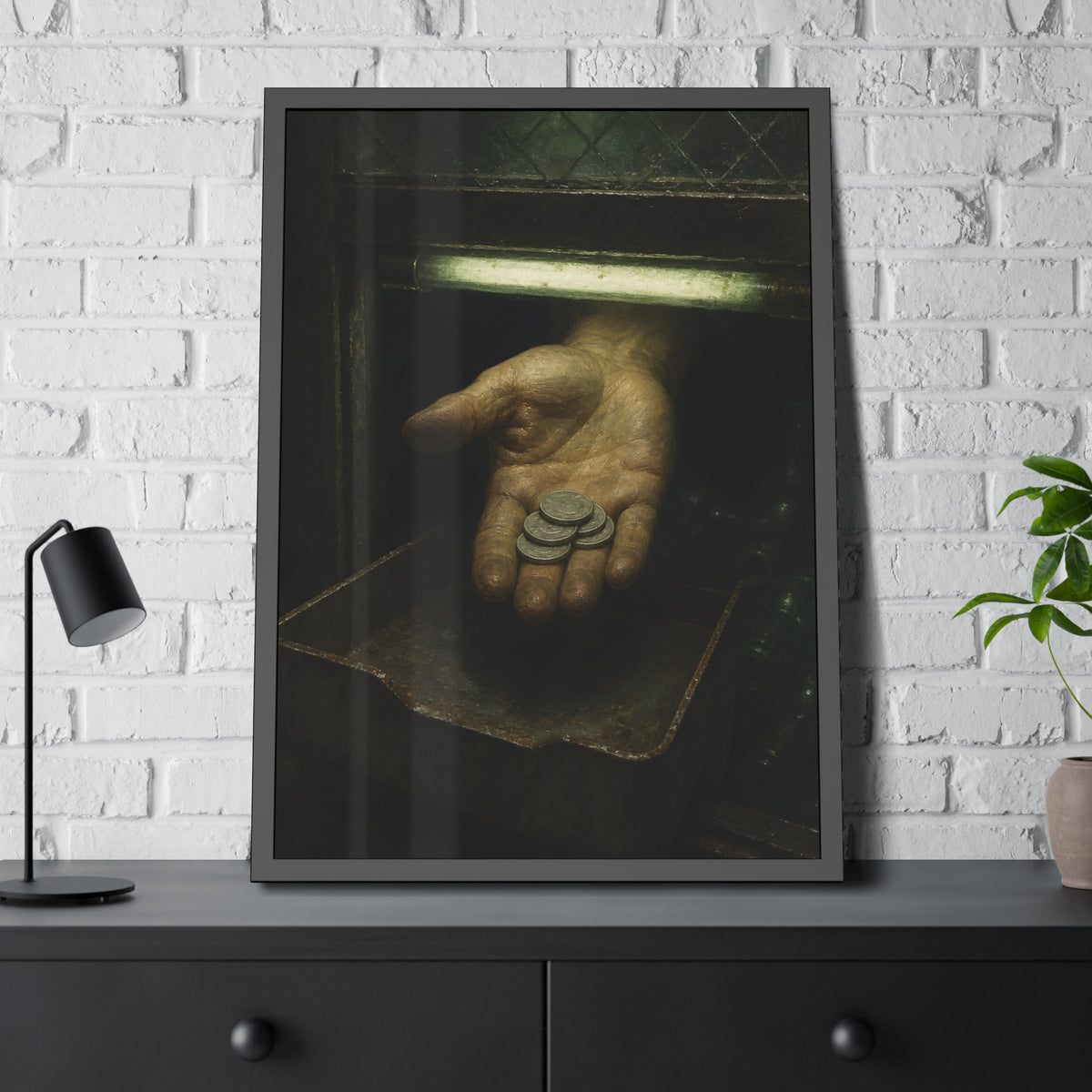 An open palm holding coins over a metal tray under a fluorescent tube. The Nickel Rendered by Garabaggio, framed fine art print hanging in a room.