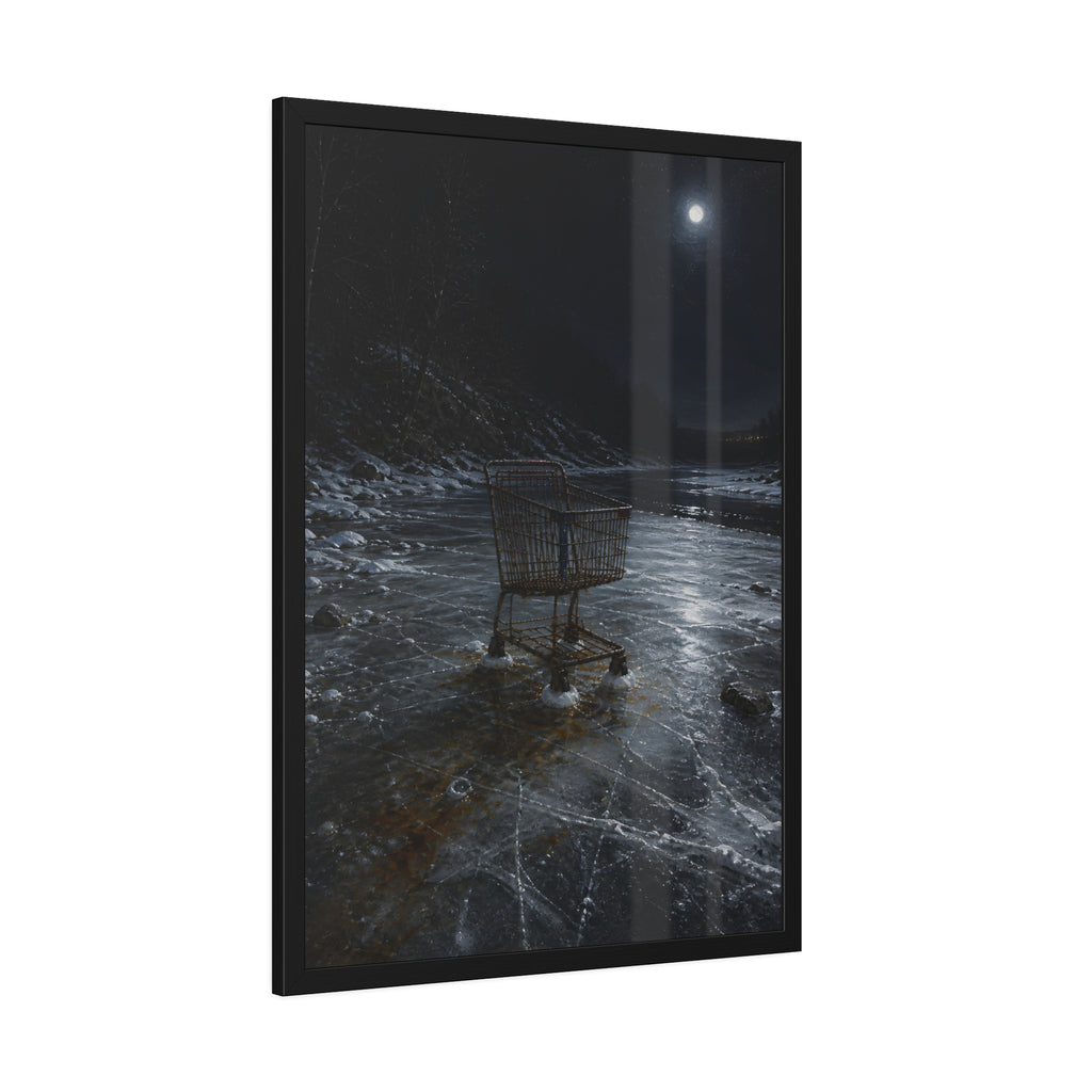 A rusted shopping cart frozen into moonlit river ice. The Wintering in the Ice by Garabaggio, framed fine art print hanging in a room.