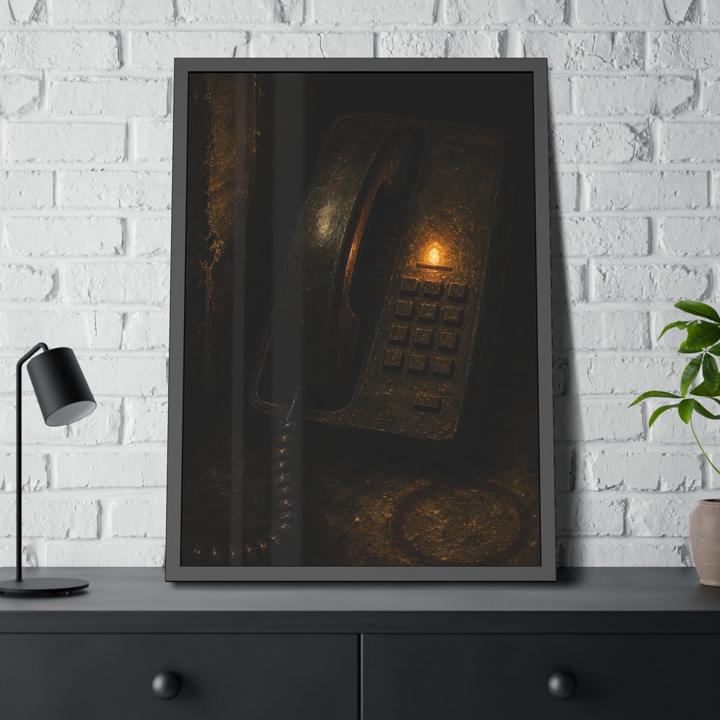 An old desk phone in the dark with one amber line light glowing. The First Ring by Garabaggio, framed fine art print hanging in a room.
