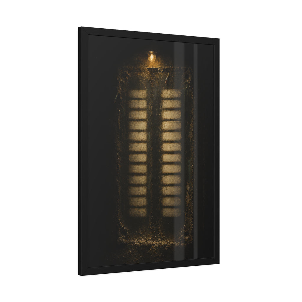 Two columns of blank name slots on a corroded intercom panel. Twenty-Four Pale Rectangles by Garabaggio, framed fine art print hanging in a room.