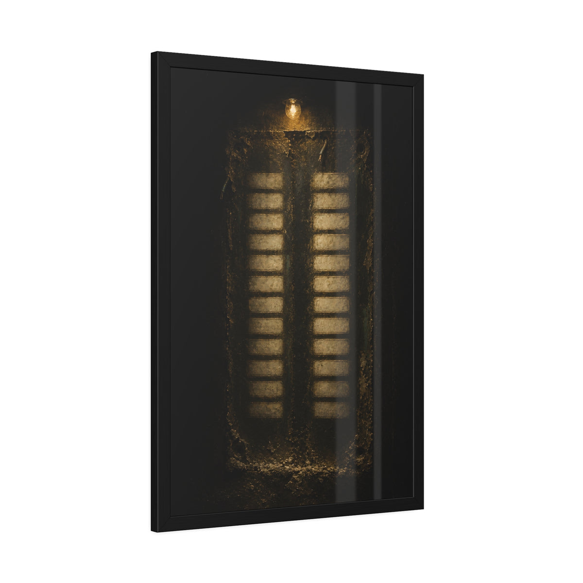 Two columns of blank name slots on a corroded intercom panel. Twenty-Four Pale Rectangles by Garabaggio, framed fine art print hanging in a room.