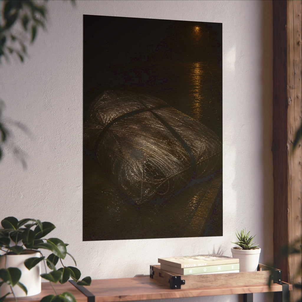 A mattress wrapped in plastic and strapped shut on a wet night street. The Municipal Shroud by Garabaggio, fine art print hanging in a room.