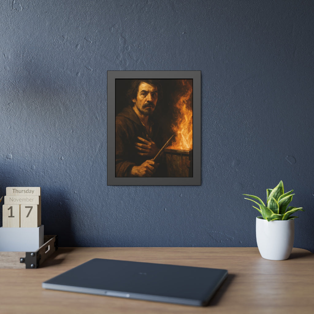 Man holding a long wooden stick, hand on chest, before a burning bin. Self-Portrait with Mahlstick by Garabaggio, framed fine art print hanging in a room.
