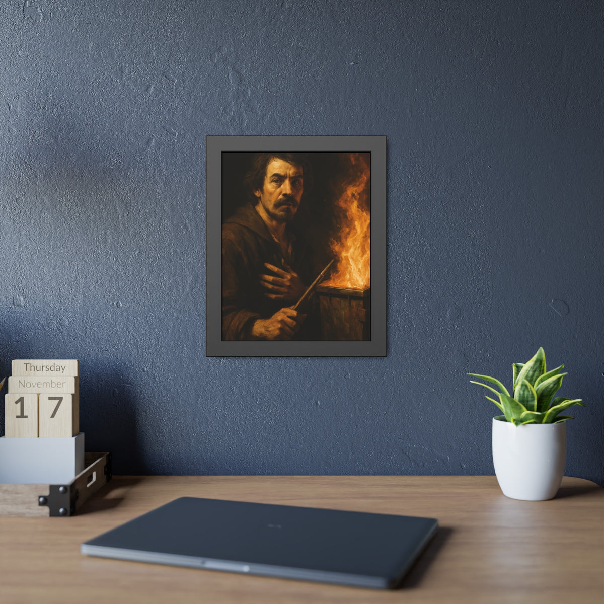 Man holding a long wooden stick, hand on chest, before a burning bin. Self-Portrait with Mahlstick by Garabaggio, framed fine art print hanging in a room.