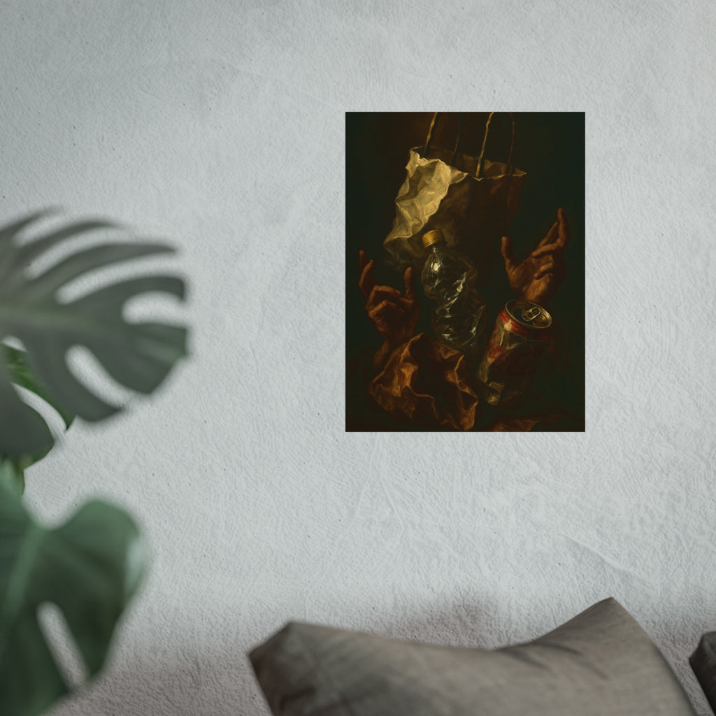 Two hands raised beside a paper bag, crushed bottle and dented can. The Assumption of the Discarded by Garabaggio, fine art print hanging in a room.