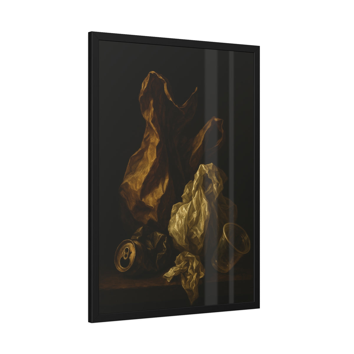 A plastic bag and crumpled paper beside a crushed can and clear cup. The Two Penitents by Garabaggio, framed fine art print hanging in a room.