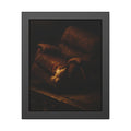 A torn brown recliner tipped on a curb in dim warm light. The Deposition of the Broken Recliner by Garabaggio, framed fine art print, 11″ x 14″.