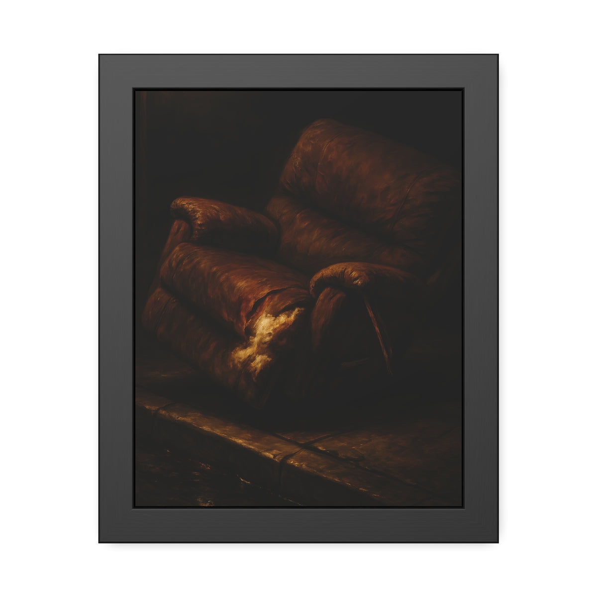 A torn brown recliner tipped on a curb in dim warm light. The Deposition of the Broken Recliner by Garabaggio, framed fine art print, 11″ x 14″.