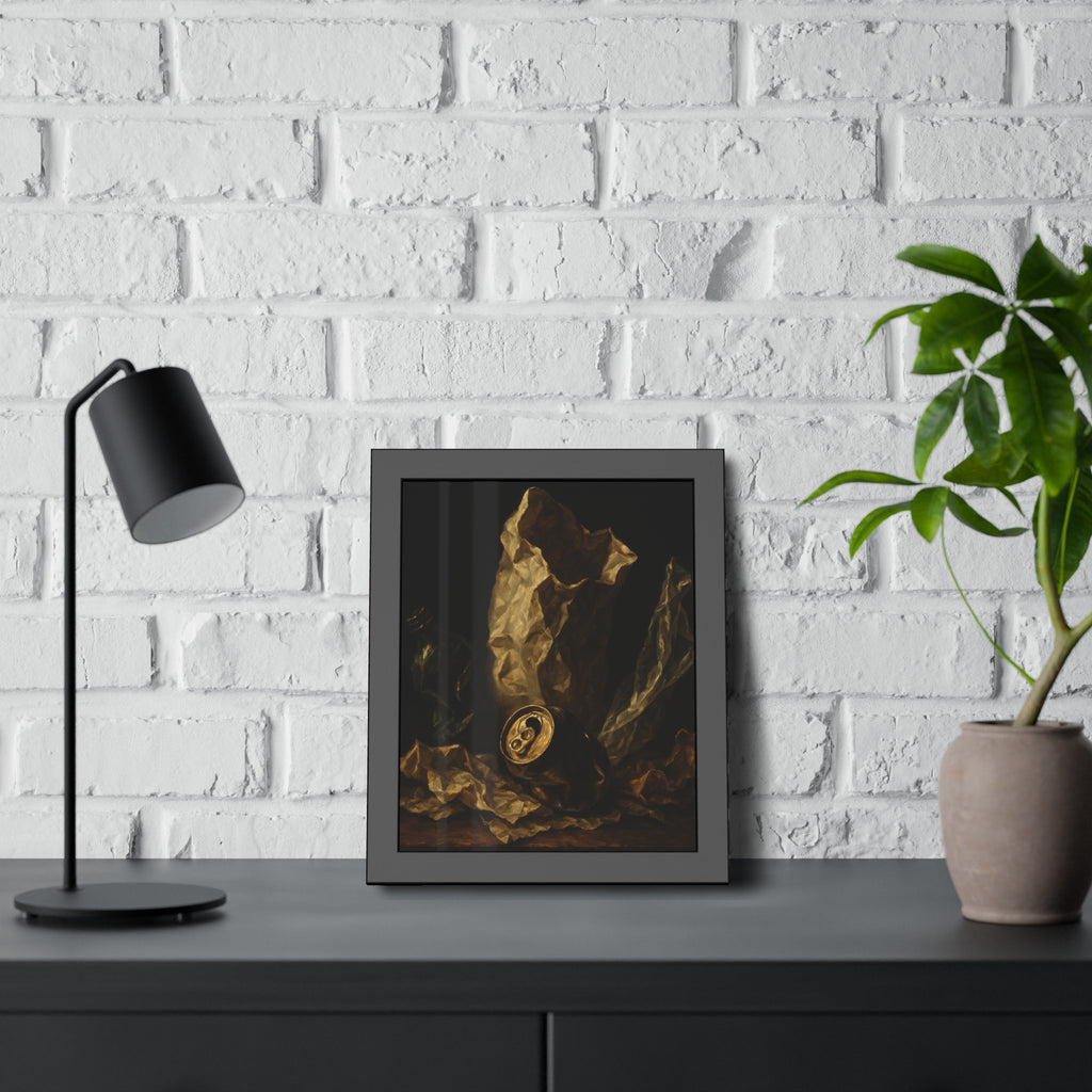 A crushed paper bag, dented can and flattened bottle on a dark table. Vanitas with Crumpled Bag by Garabaggio, framed fine art print hanging in a room.