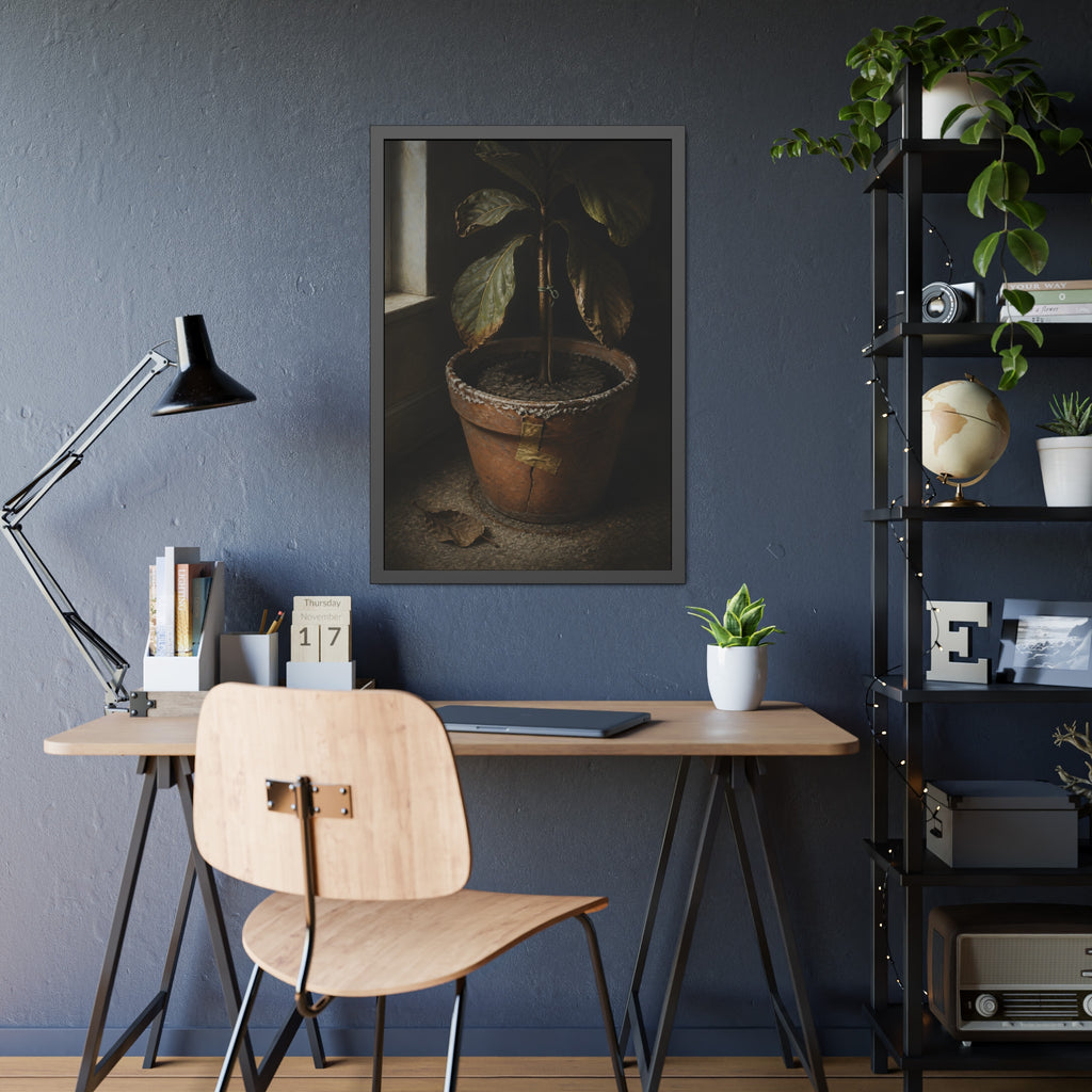 A drooping potted plant in a cracked terracotta pot beside a window. The Missed Watering by Garabaggio, framed fine art print hanging in a room.