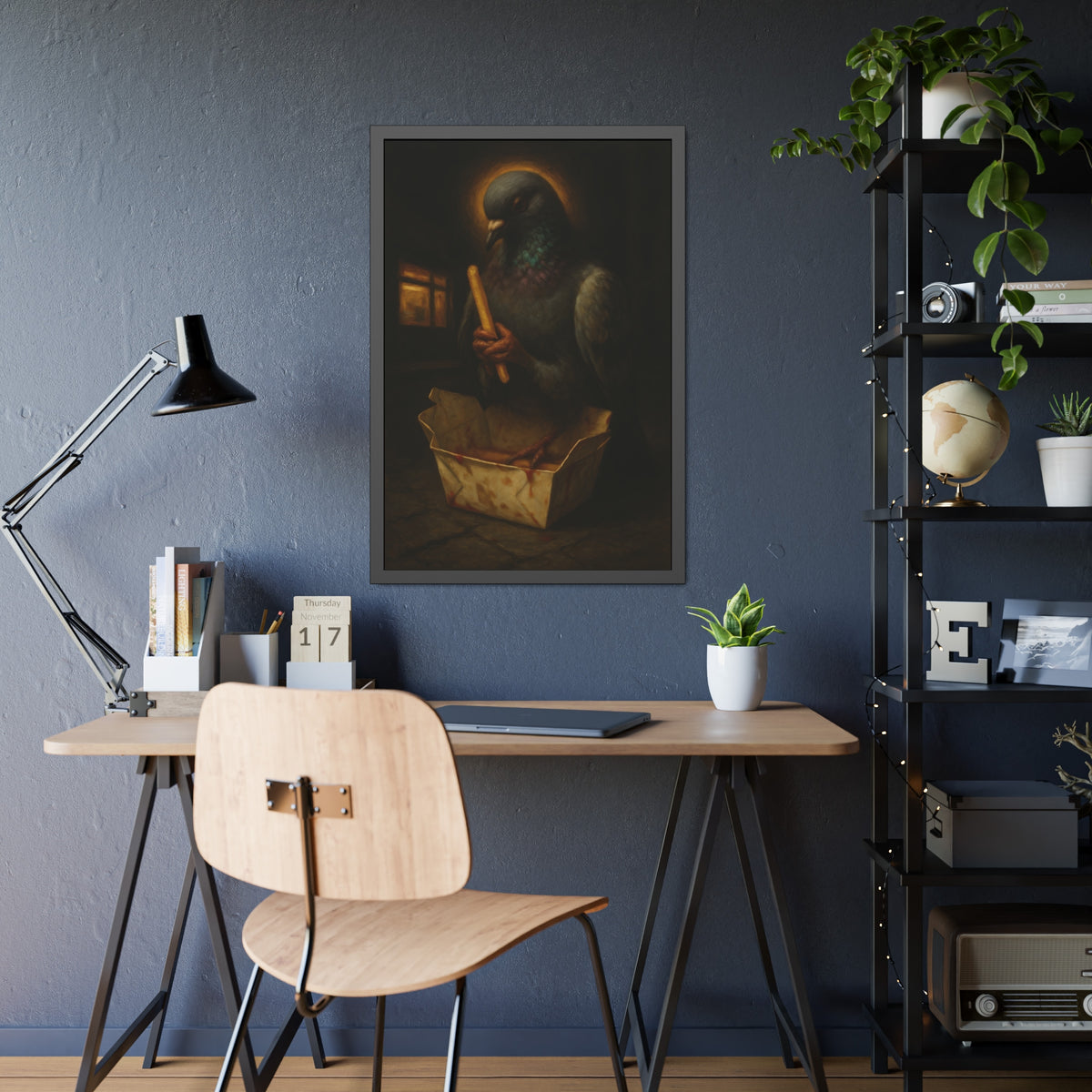 A haloed pigeon holding a french fry over a takeout carton in an alley. Madonna of the Pigeon with Fries by Garabaggio, framed fine art print hanging in a room.