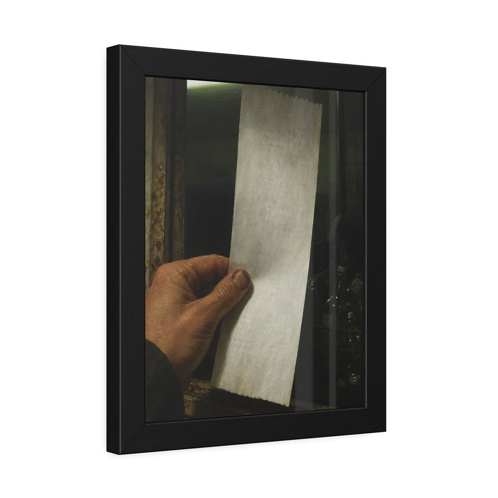 A hand holding a blank slip at a rusted counter window, bottles behind. The Receipt of Absolution by Garabaggio, framed fine art print hanging in a room.