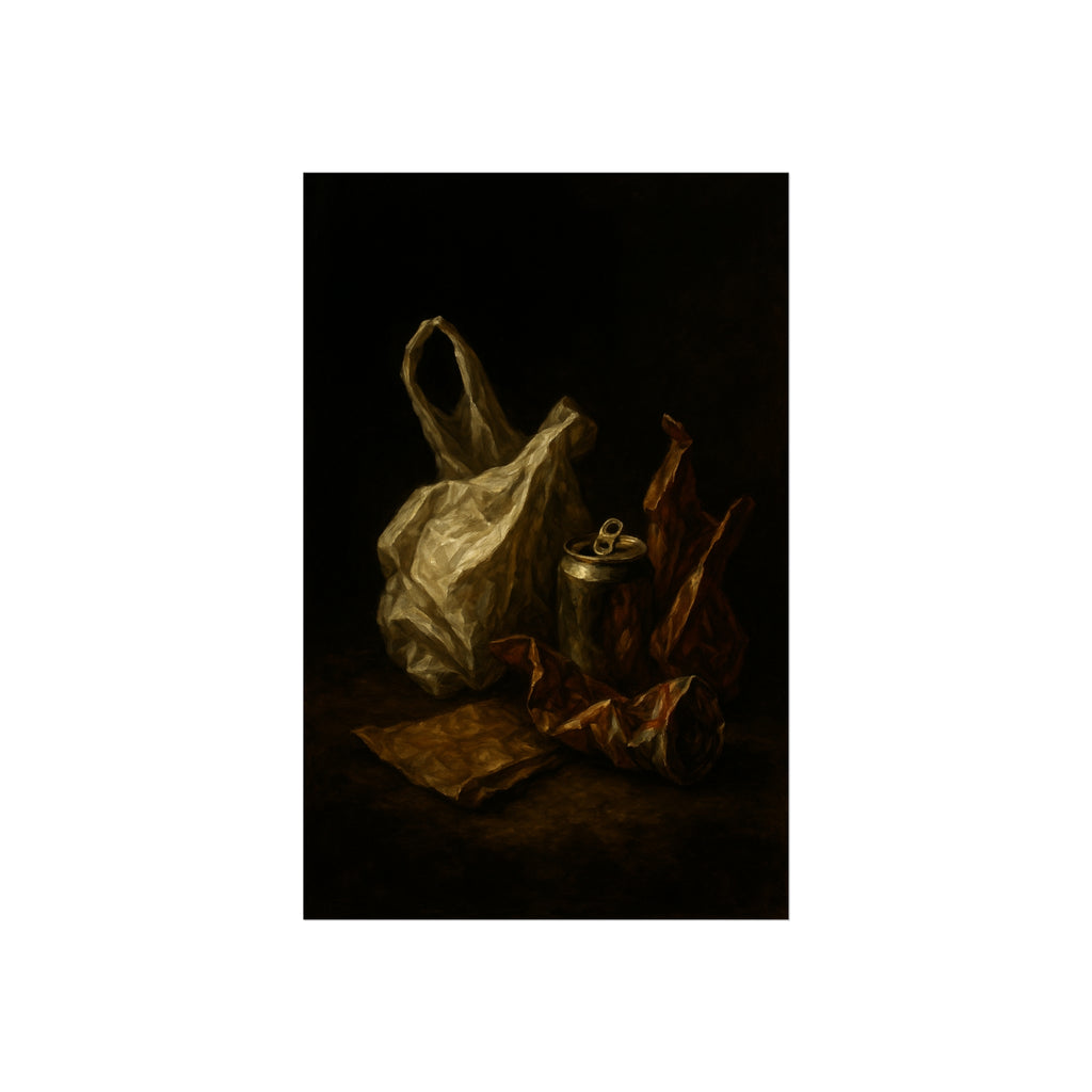 A crumpled plastic bag, crushed can and foil wrappers on a dark table. The Pietà of the Deflated by Garabaggio, fine art print hanging in a room.