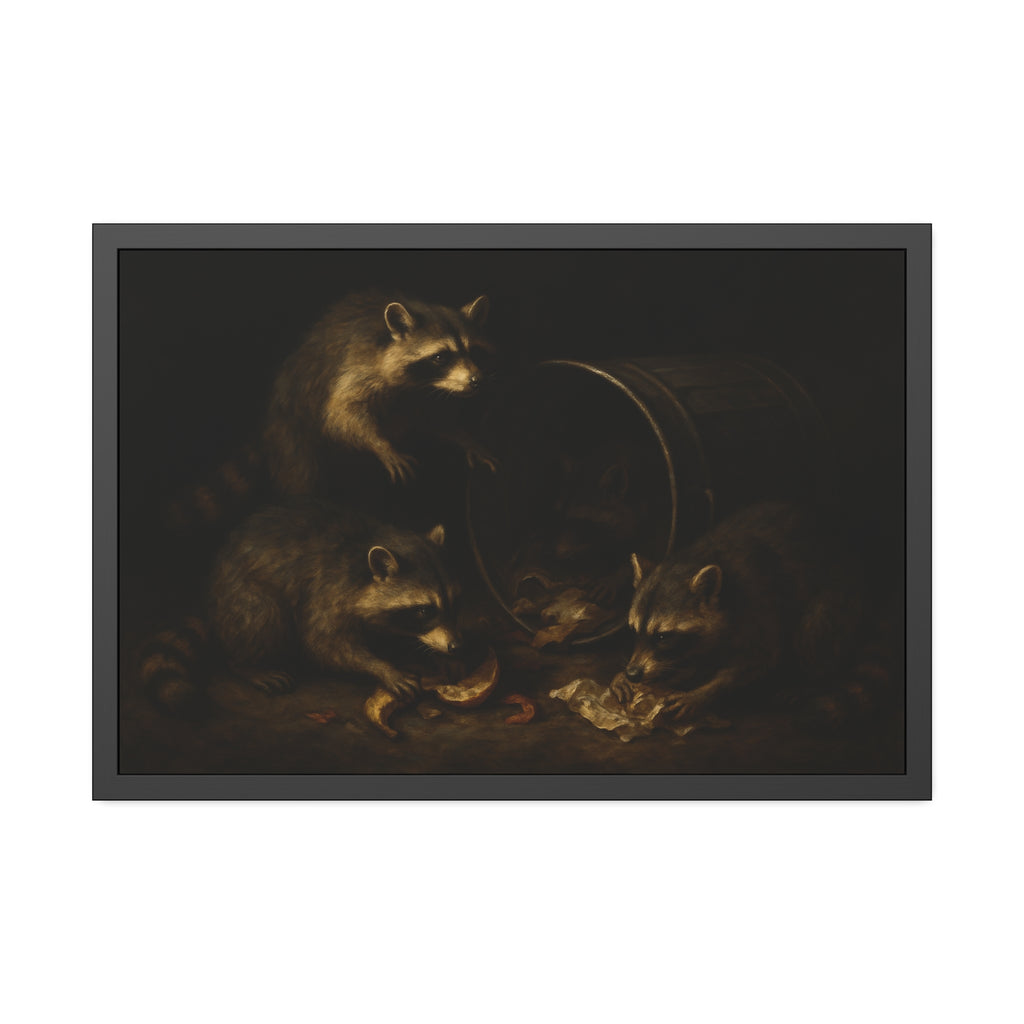 Raccoons at a tipped metal pail, one gnawing a melon rind in the dark. The Supper at the Alleyway by Garabaggio, framed fine art print hanging in a room.