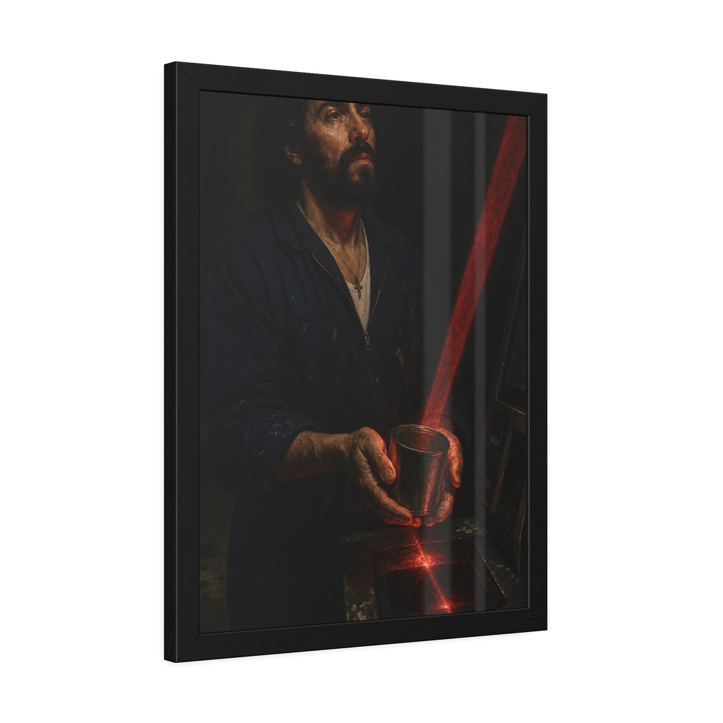 A man in blue coveralls holding a metal cup in a red scanner beam. The First Scan by Garabaggio, framed fine art print hanging in a room.