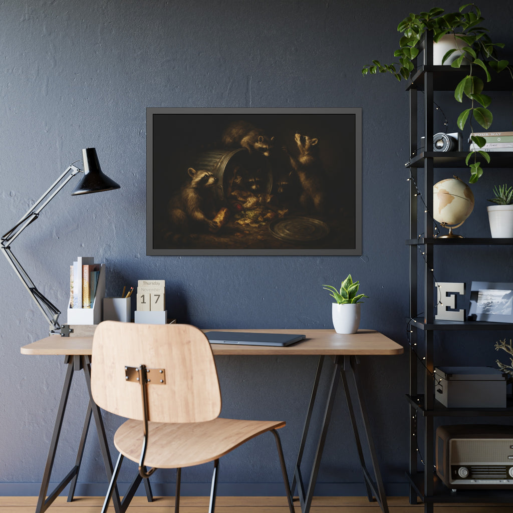 Raccoons around a tipped metal trash can, scattering food scraps. The Vigil of the Midnight Feast by Garabaggio, framed fine art print hanging in a room.