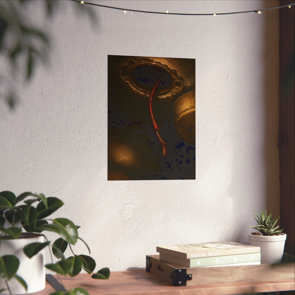 A frayed red wire hanging from a hole in a cracked ceiling. The Loose Red Wire by Garabaggio, fine art print hanging in a room.