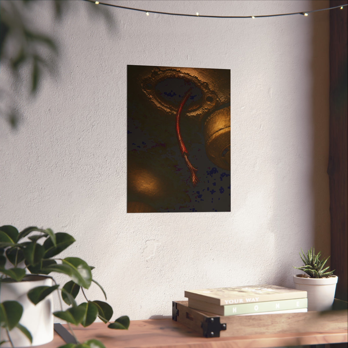 A frayed red wire hanging from a hole in a cracked ceiling. The Loose Red Wire by Garabaggio, fine art print hanging in a room.