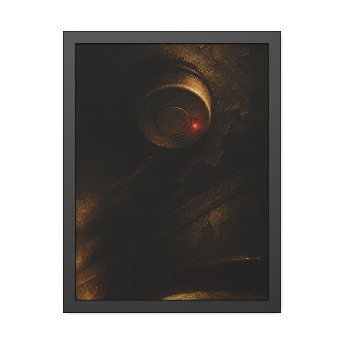 A smoke detector on a stained ceiling, its red light on, cobweb below. The Watch Above Sleep by Garabaggio, framed fine art print, 18″ x 24″.