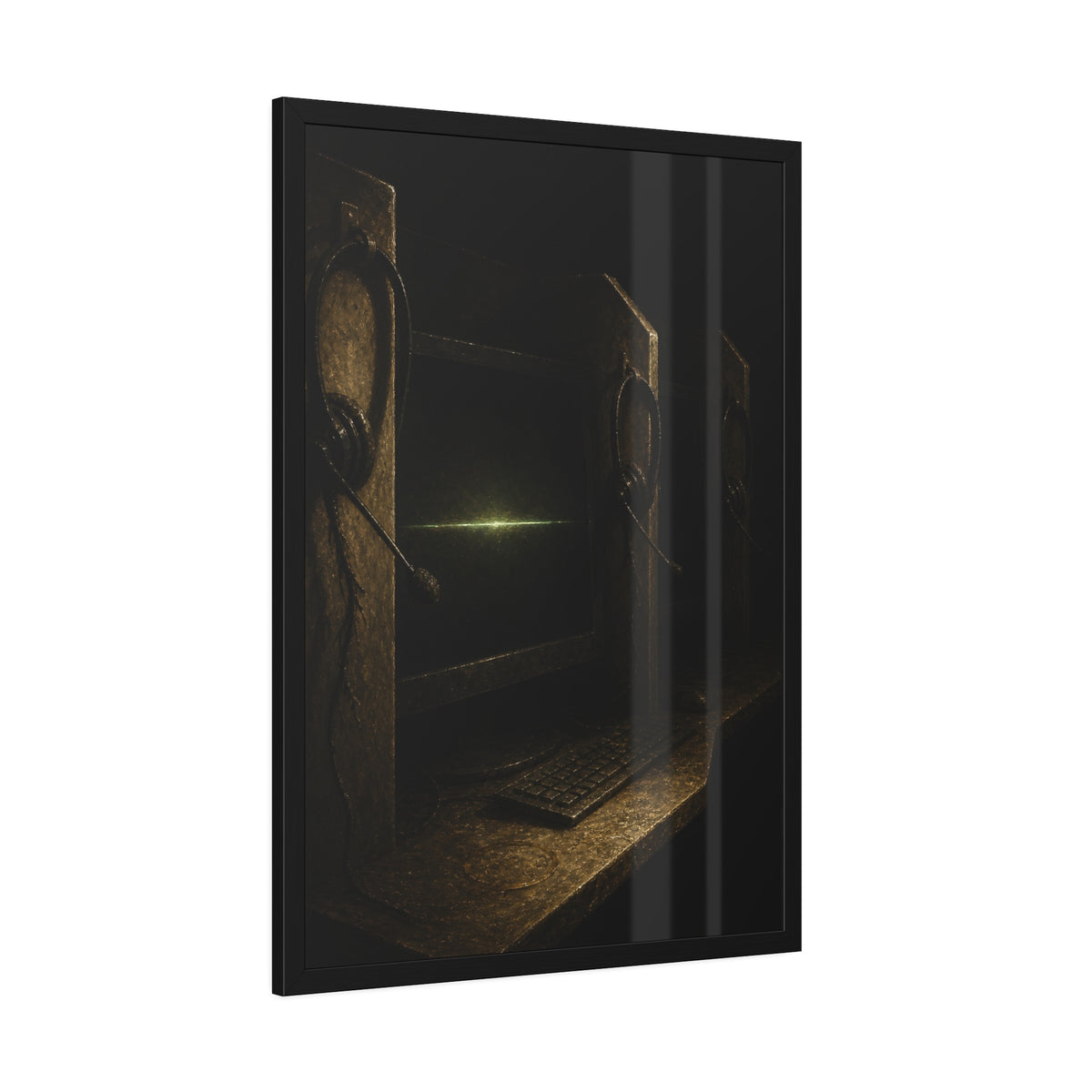 Dark cubicle monitors and a headset, one screen holding a thin green line. Power Down by Rows by Garabaggio, framed fine art print hanging in a room.