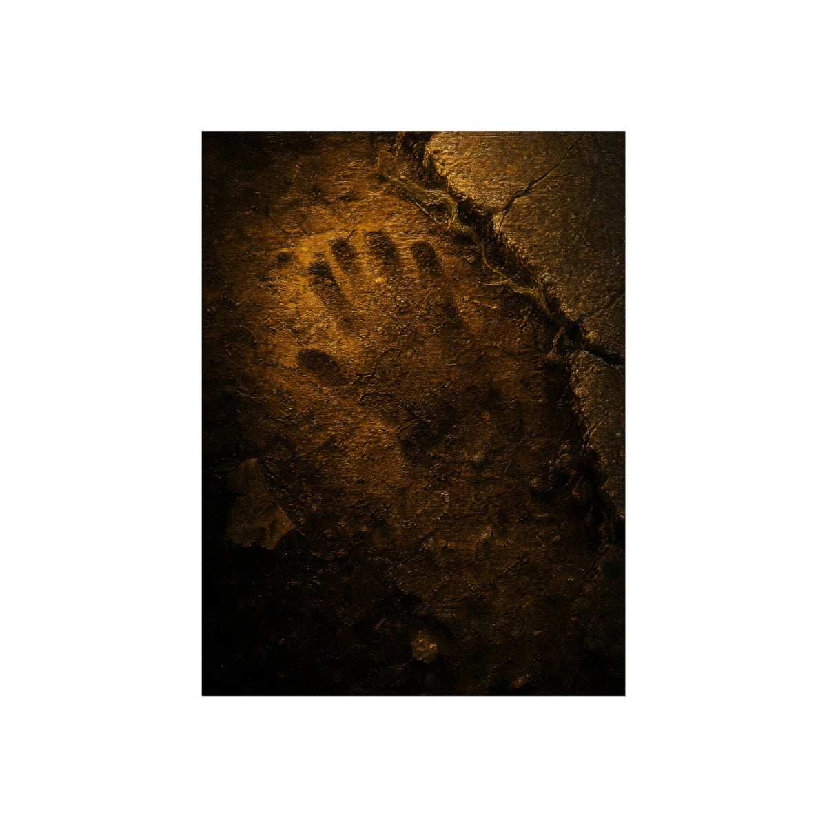 A glove shaped imprint left in cracked asphalt under warm light. The Assumption, or: What Remains by Garabaggio, fine art print hanging in a room.