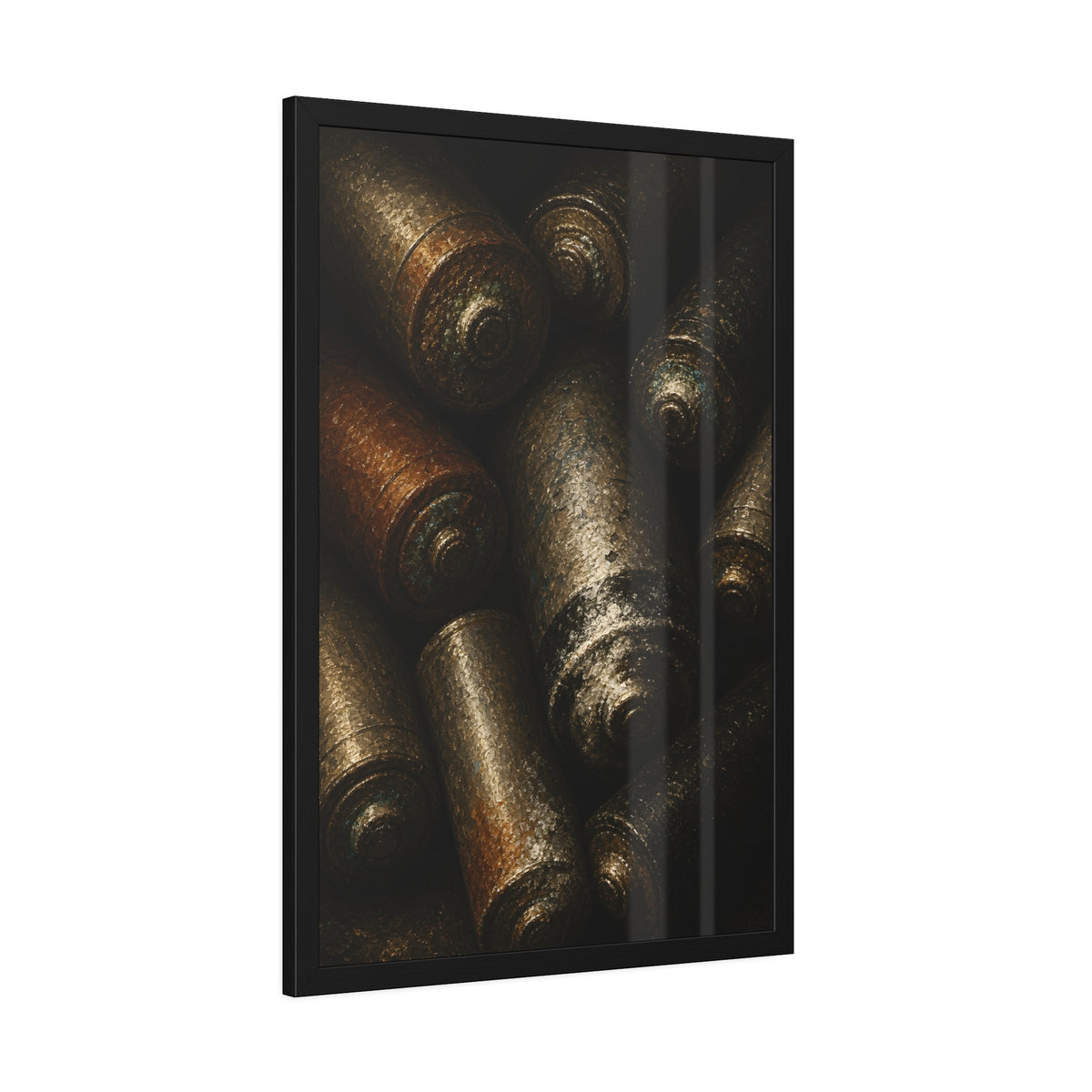 Heap of corroded batteries filling the frame in dim raking light. Chorus of Corrosion by Garabaggio, framed fine art print hanging in a room.