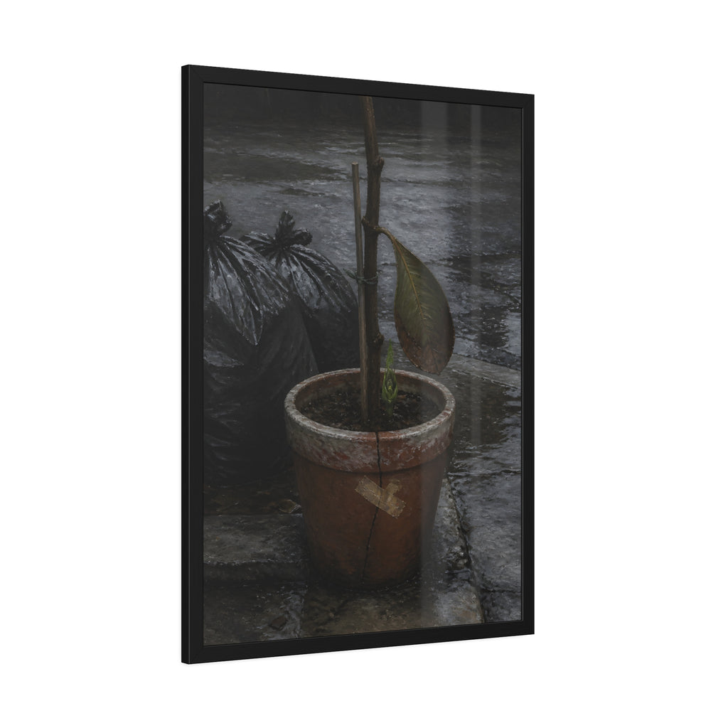 A taped clay pot with one leaf and a green shoot on wet pavement. The Green at the Base by Garabaggio, framed fine art print hanging in a room.